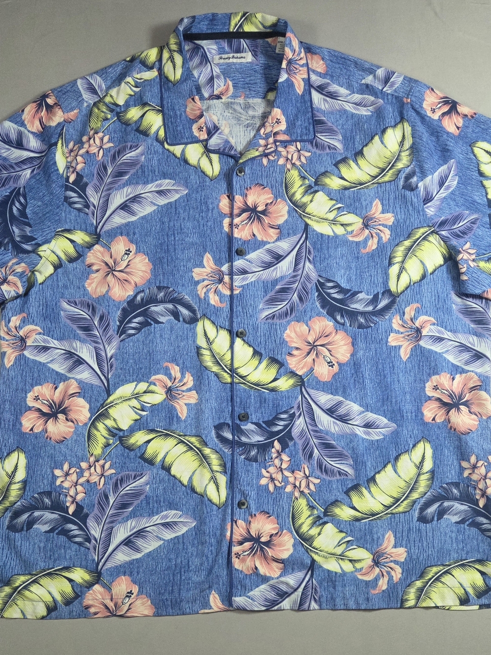 Tommy Bahama Silk Blue Tropical Shirt with Peach Hibiscus XXXL